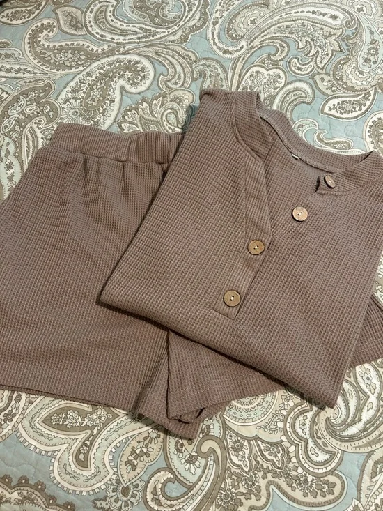 Women's Two-Piece Waffle Knit Lounge Set - Taupe - Picture 1 of 2